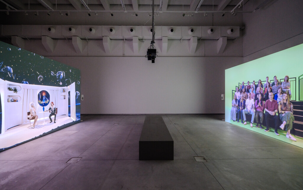 Two-channel video work The Time of Our Lives in ample gallery space