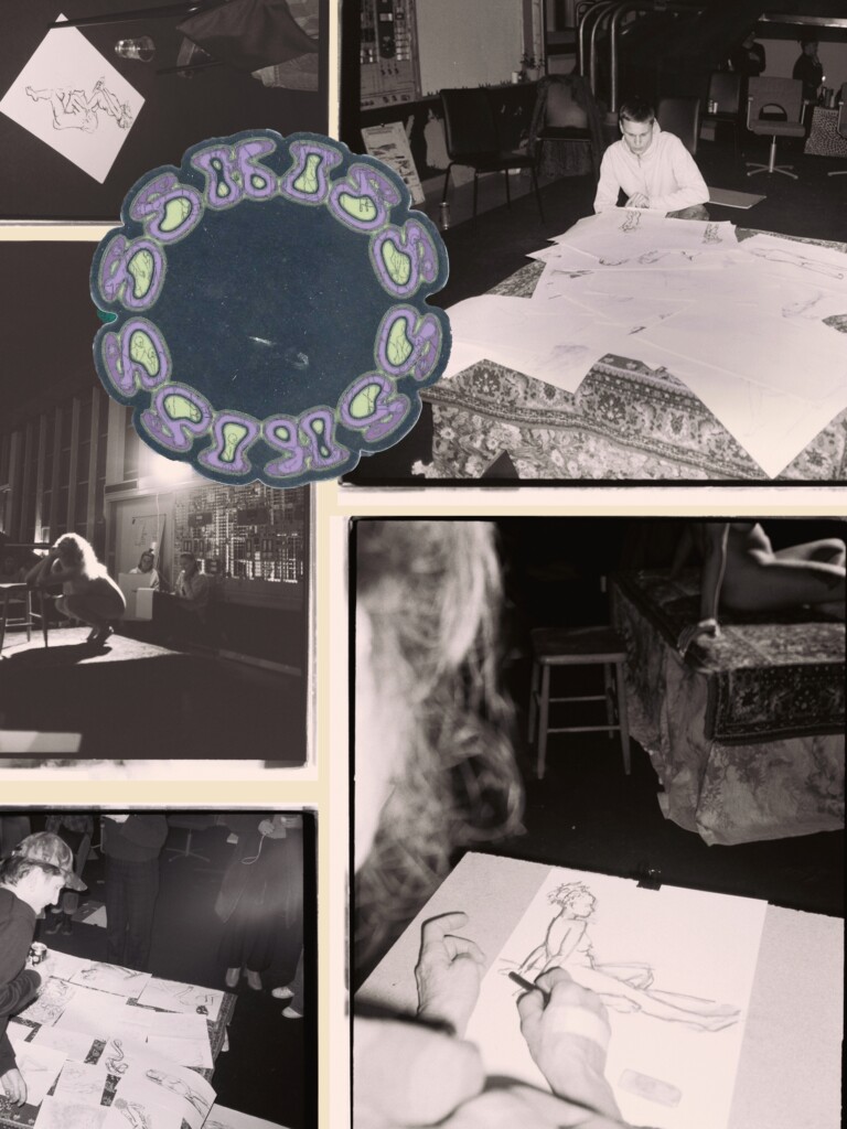 Black and white collage with photographs of people at life-drawing event