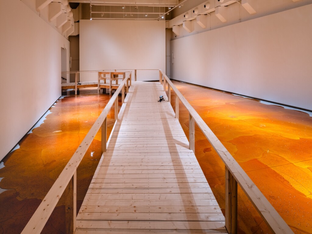 Installation view: 'Blue-Stain Ramp', 2025, and 'Resin Pond'. Photo: Jean-Baptiste Béranger Photo: Jean-Baptiste Béranger