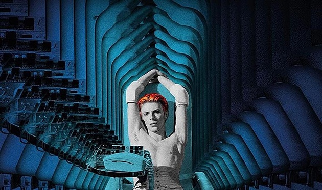David Bowie with red hair and a body in black and white